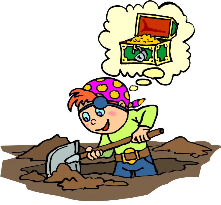 Cute and graphic photo of a pirate digging the ground to find a treasure chest 