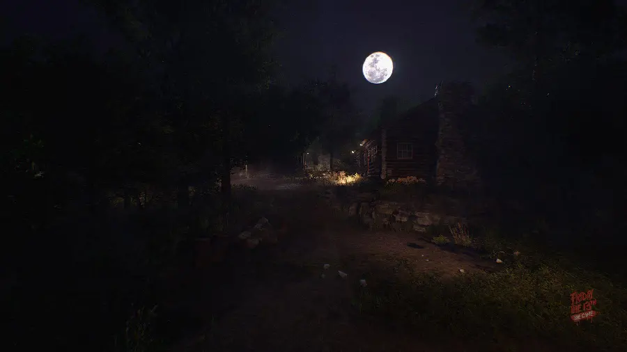 Photo of a dreamy camping in a wooden cabin by the lake, taken at night 