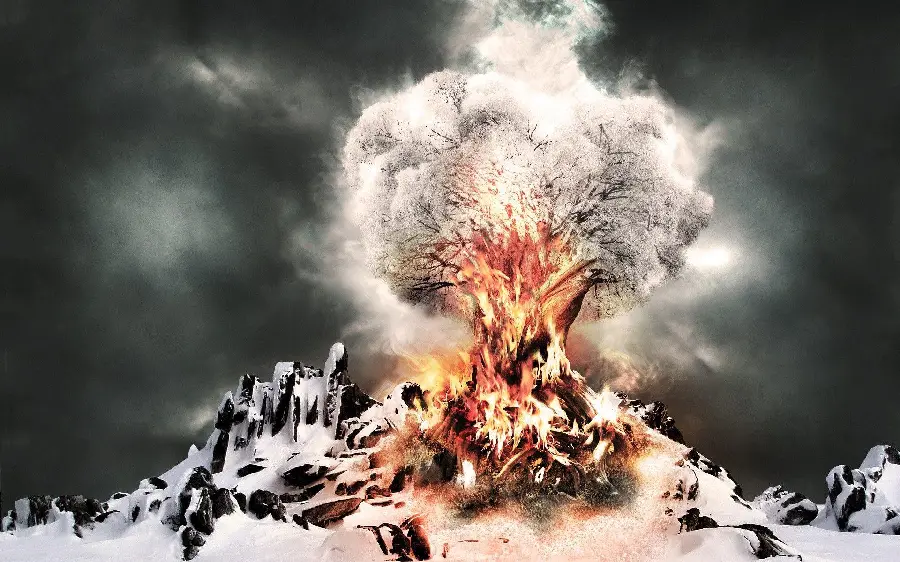 Creative wallpaper combining fire and cold in surrealism style 