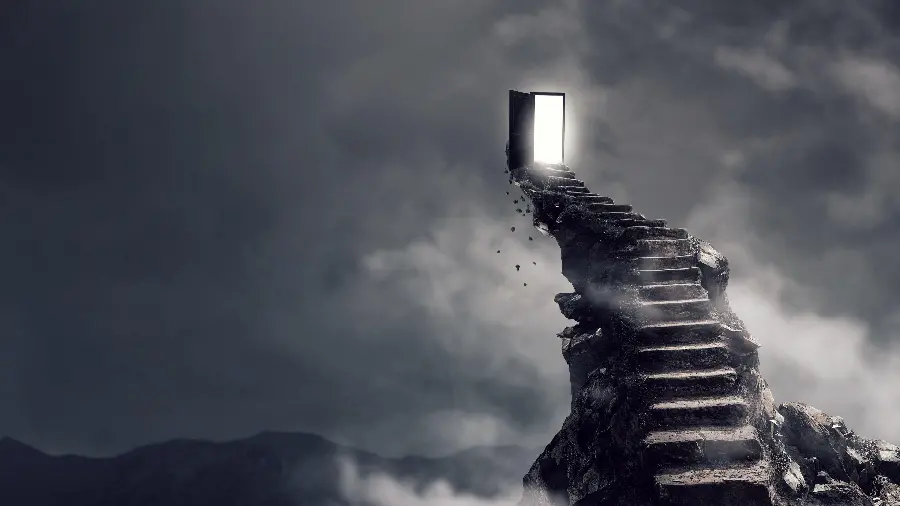Photo of a door opened at the top of the stairs in the style of black surrealism