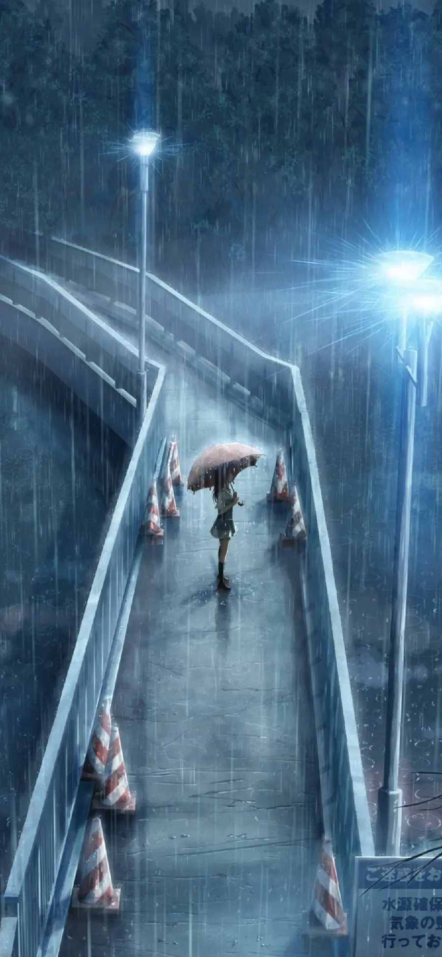 Photo of a passerby with an umbrella crossing the street in heavy rain 
