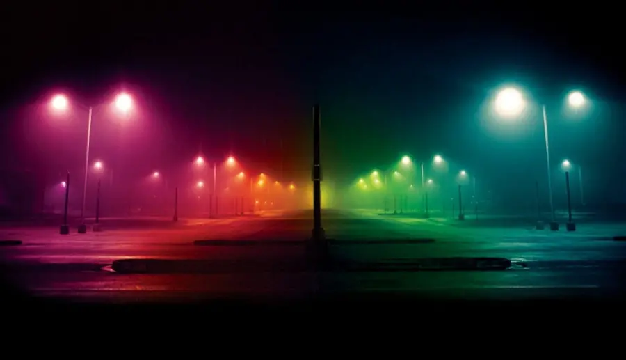 Park area background under colored lights in the dark night