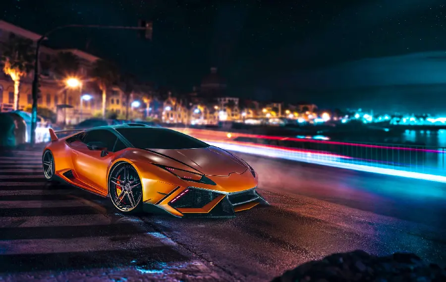 Photo of the Lamborghini Huracan car with a beautiful illuminated background 