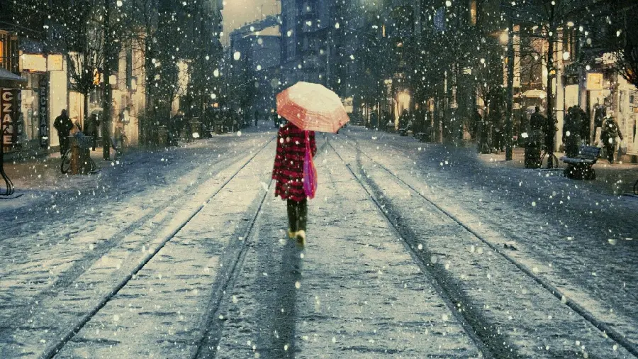 Download stylish and unique background of a beautiful and stylish girl in red with a snow umbrella