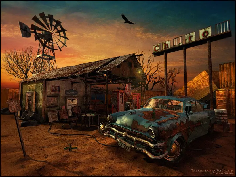 Cartoon photo of an old, rusty, abandoned foreign car 