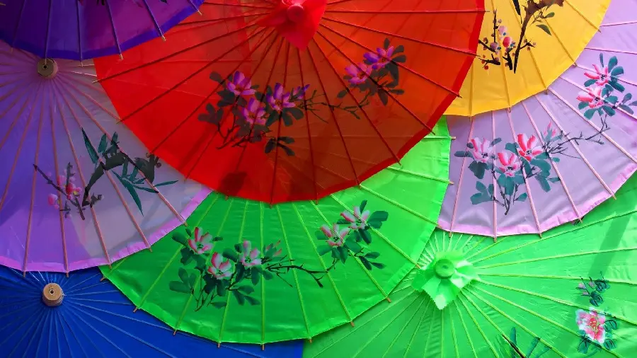 Wallpaper of colorful Japanese umbrellas with beautiful hand-drawn flowers