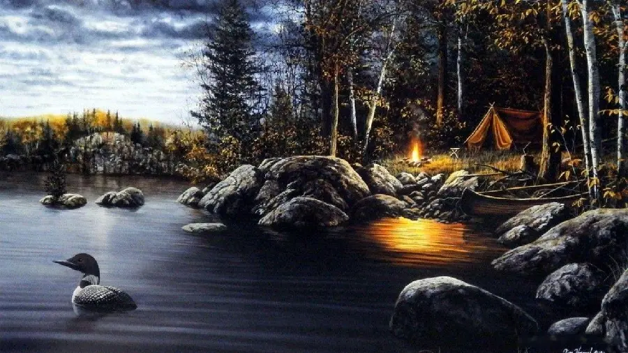 Image of a stunning and very beautiful lakeside camp painting 