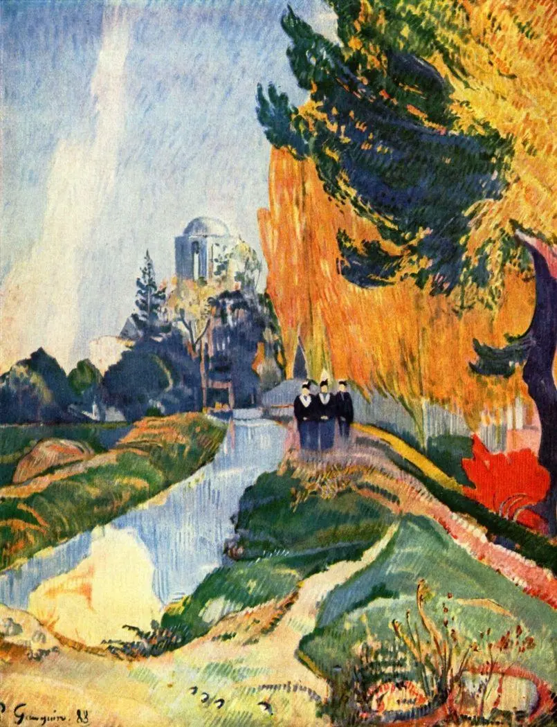 Photo of a painting of a busy design of the beautiful nature of France by Paul Gauguin 