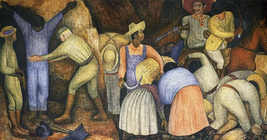 Photo of a painting with details on the theme of exploiters by Diego Rivera