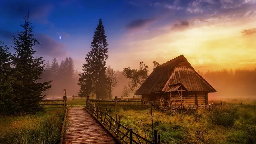 Photo of a wooden cottage and spectacular trees in the style of Romanticism painting