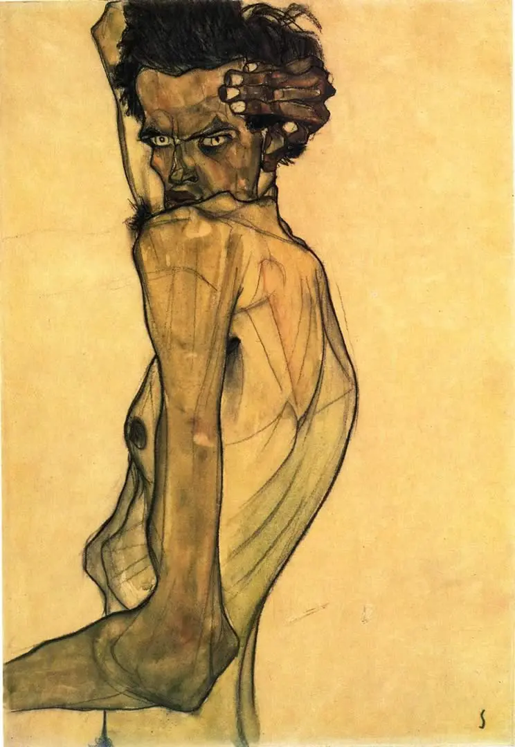 Image of Egon Schiele's painting of self-portrait with arm swinging above head