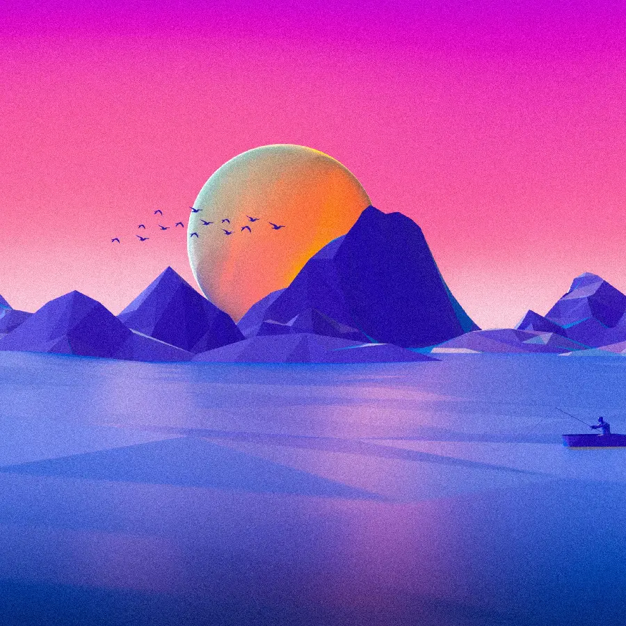 The most dreamy minimalist background with sea and mountain design and sunset view