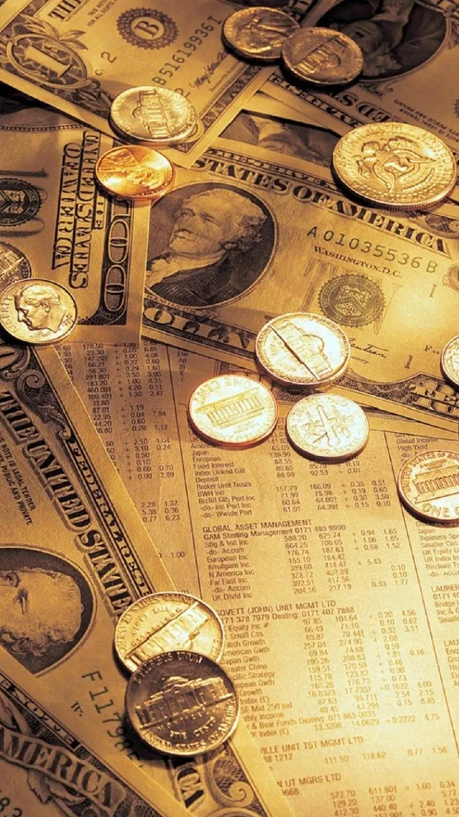 Attractive photo of US and Canadian dollar banknotes and coins