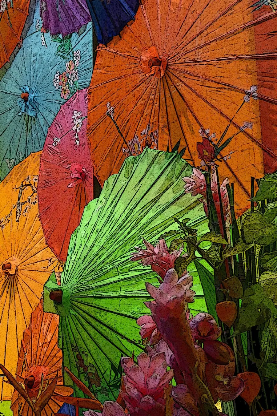 Photo of Japanese colored umbrellas with traditional motifs and patterns