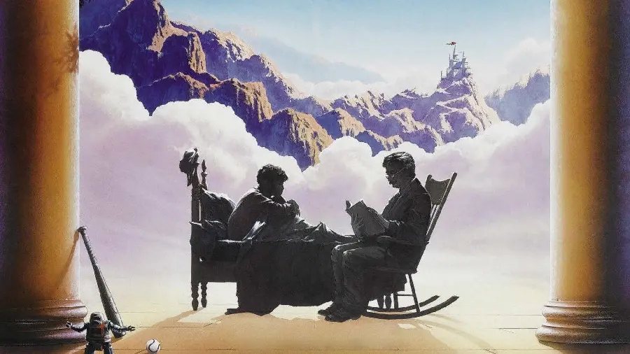 Special painting stock by Maxfield Parrish of a father reading a story to his son