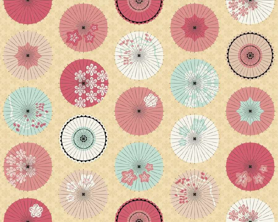 Cartoon image of Japanese umbrellas with various designs