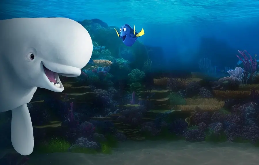 A cool cartoon photo of the character Dory next to the kind Beluga whale