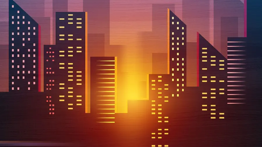 Beautiful and stunning sunset image among minimalist buildings