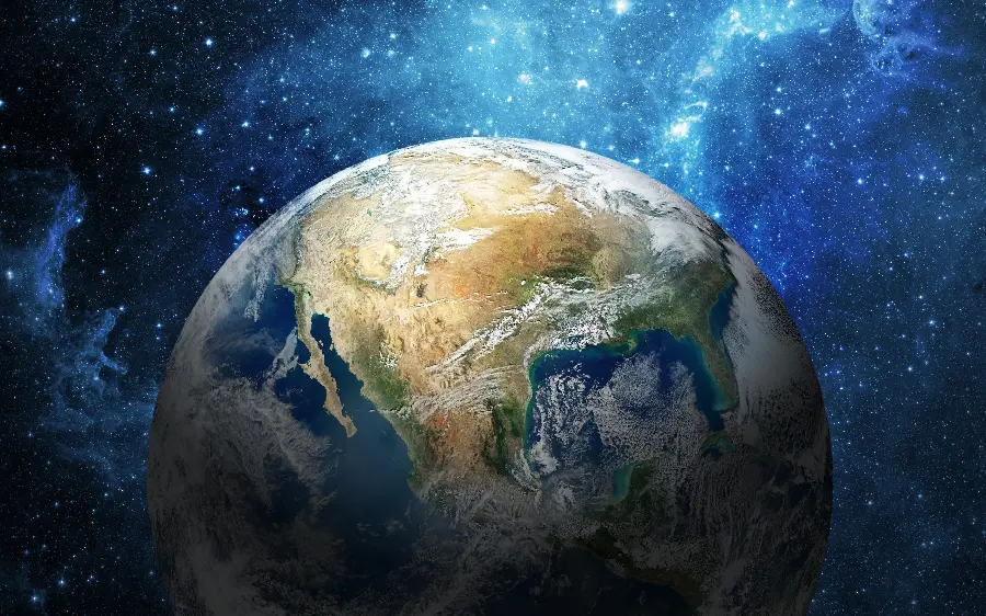 Strange and interesting image of the Earth with a blue and starry background