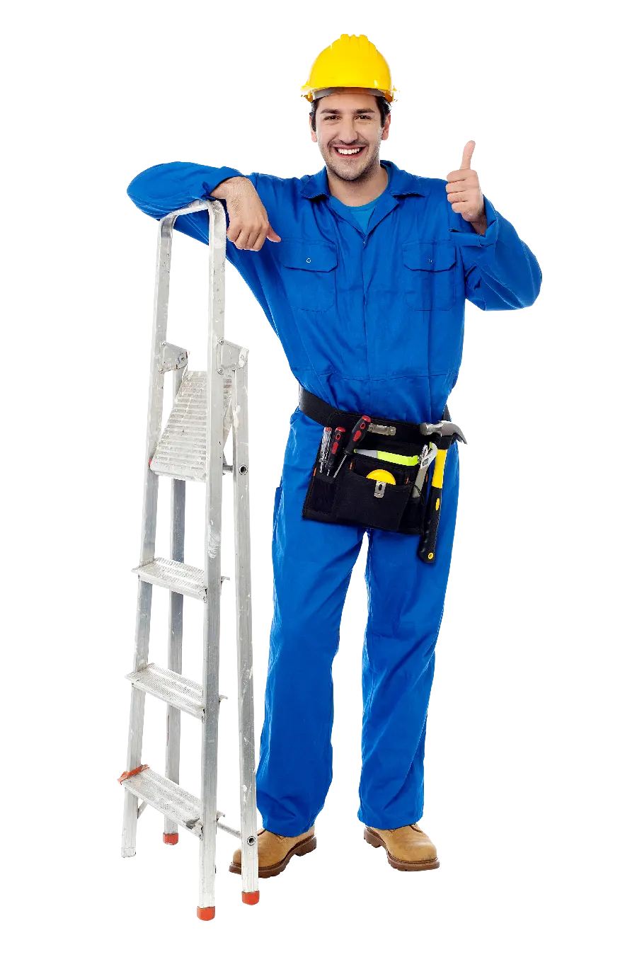 Photo of an electrical engineer with a blue work uniform and a yellow helmet PNG next to a wooden ladder