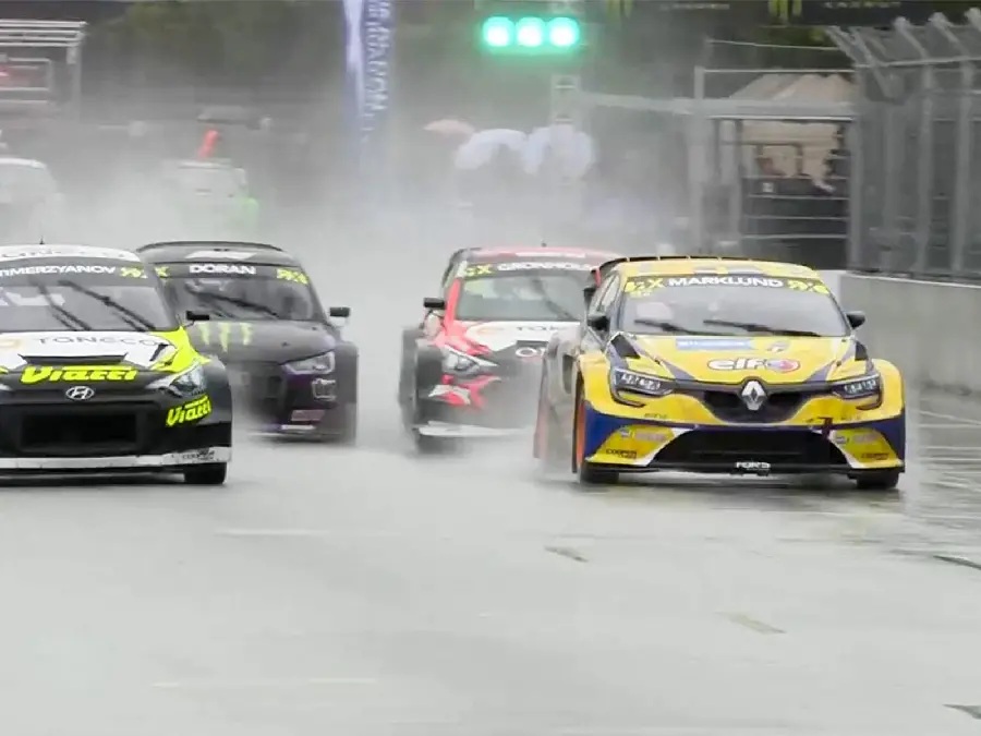 Top picture of fast cars during rallycross competitions