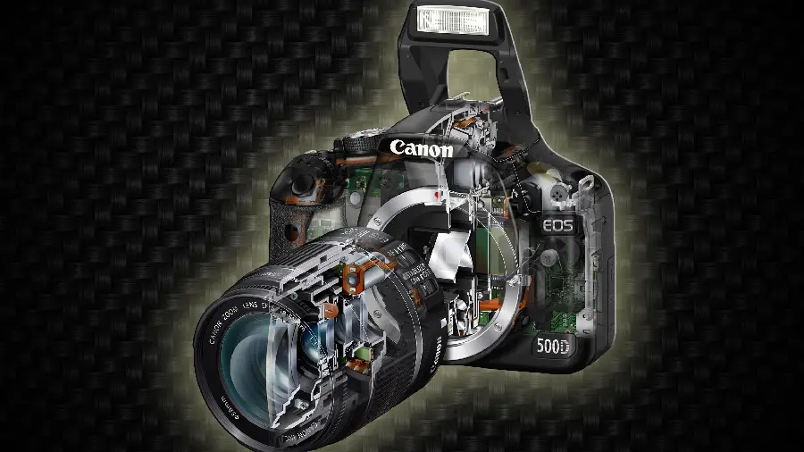Image of Canon 500D camera with HD video recording capability and flash and optical zoom installation during video recording