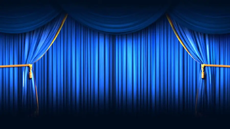 Stock photo of the theater scene with blue theatrical curtains
