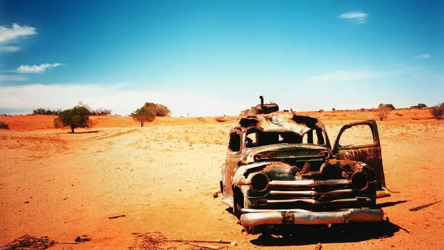 Classy background photo of an old car abandoned in the desert