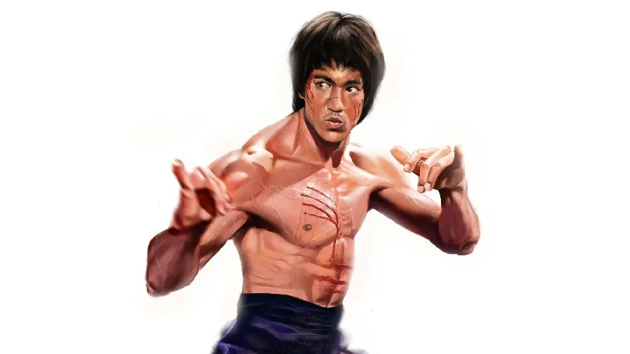 Bruce Lee profile picture with full name Lee Jun-fan on white background 