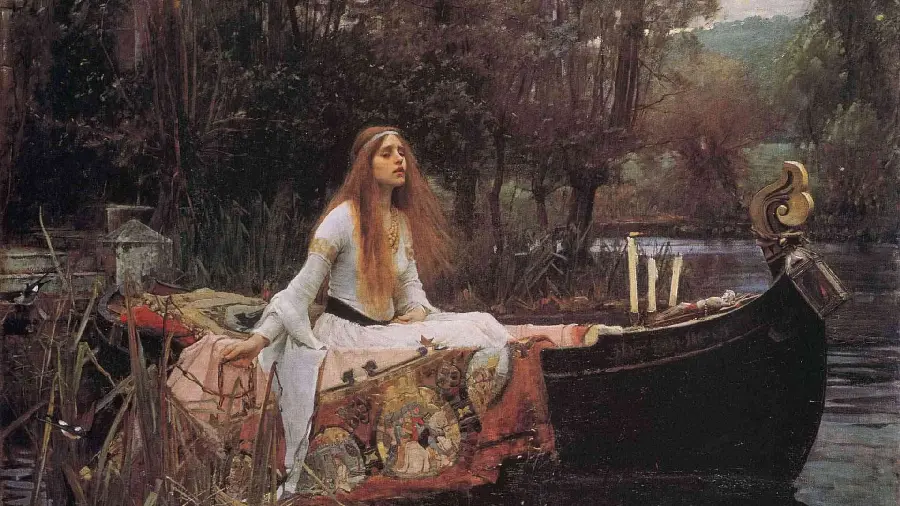 A romantic style painting of a young and sad girl sitting in a boat