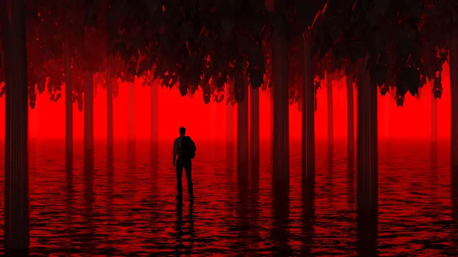 Strange and scary photo of a lonely man among trees with a red background for profile and background 