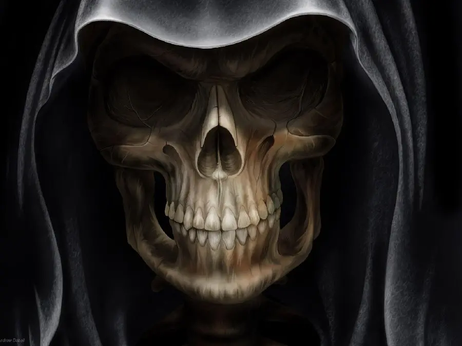 Wallpaper with the idea of ​​a human skull photo under a black cloak for iPhone