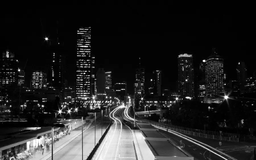 High Quality Black and White Photo of City Highway at Dark Night