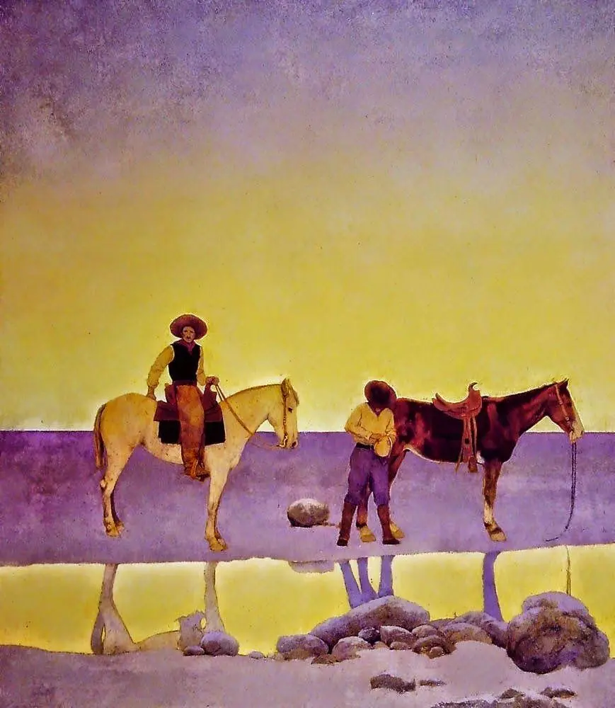 Photo of the painting by Maxfield Parrish called Hot Springs Cowboys Arizona