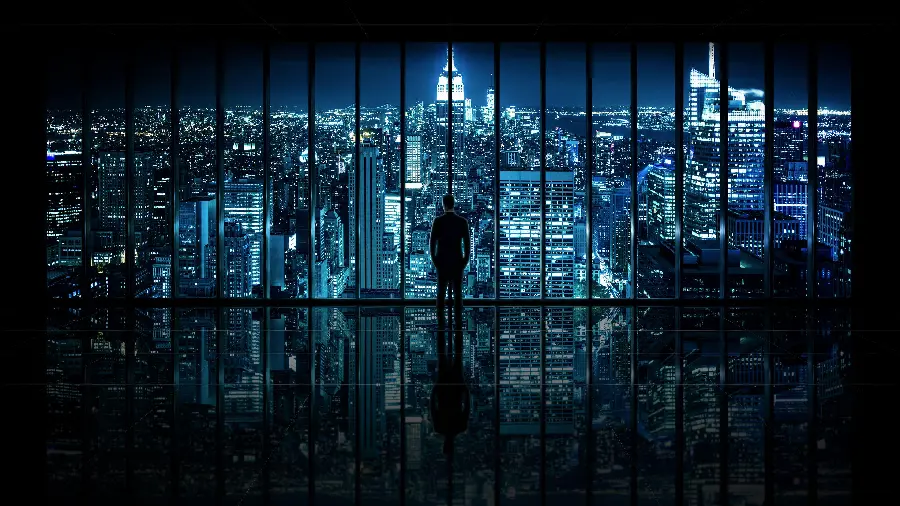 Stock from the movie People watching the city of Manhattan at night from the window 