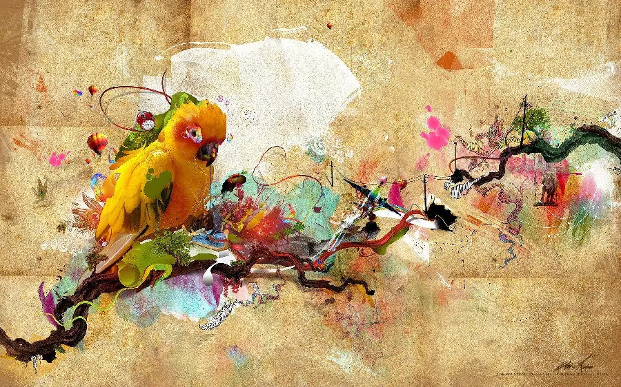 Download a high-quality stock image of a painting of colorful flowers and small and large birds