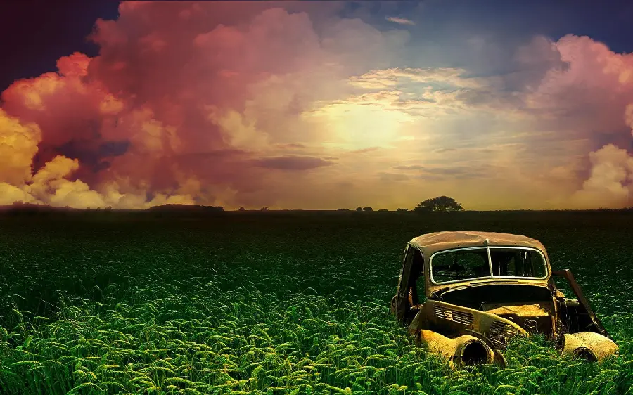 A spectacular wallpaper with an old car design in the middle of a pristine meadow