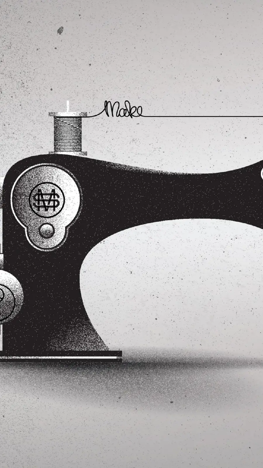 Photo of a sewing machine painting in a black and white style photo
