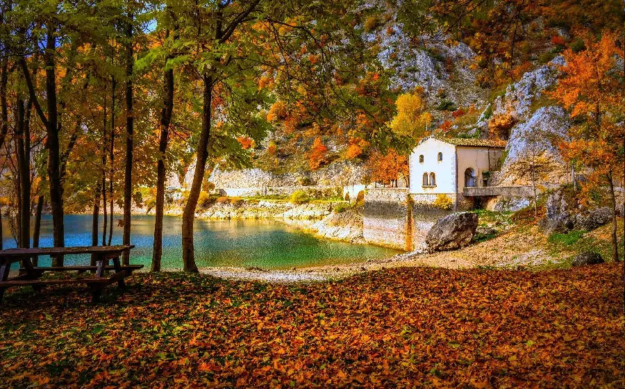 Stock image of camping by the lake during the colorful autumn season