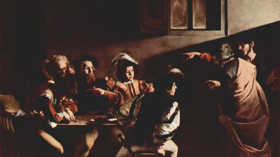 Photo of the artistic painting by Caravaggio called the Calling of Matthew the Apostle