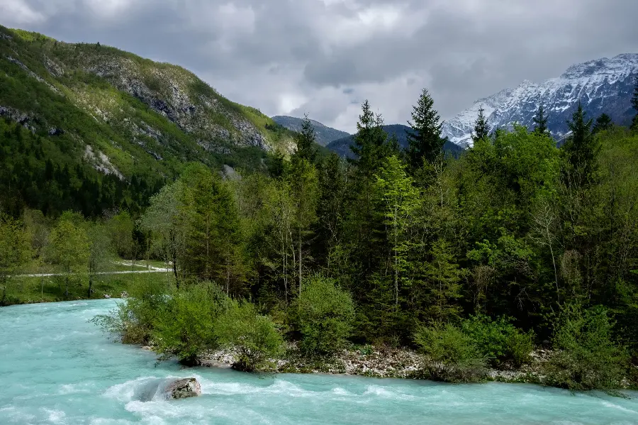 Beautiful photo of the natural attraction of the river and mountains of Slovenia