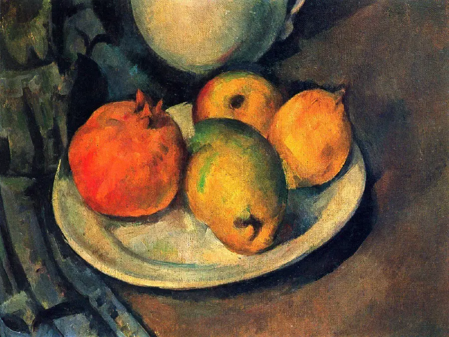 A fascinating photo of a painting by Paul Cezanne of a still life with pomegranates and pears