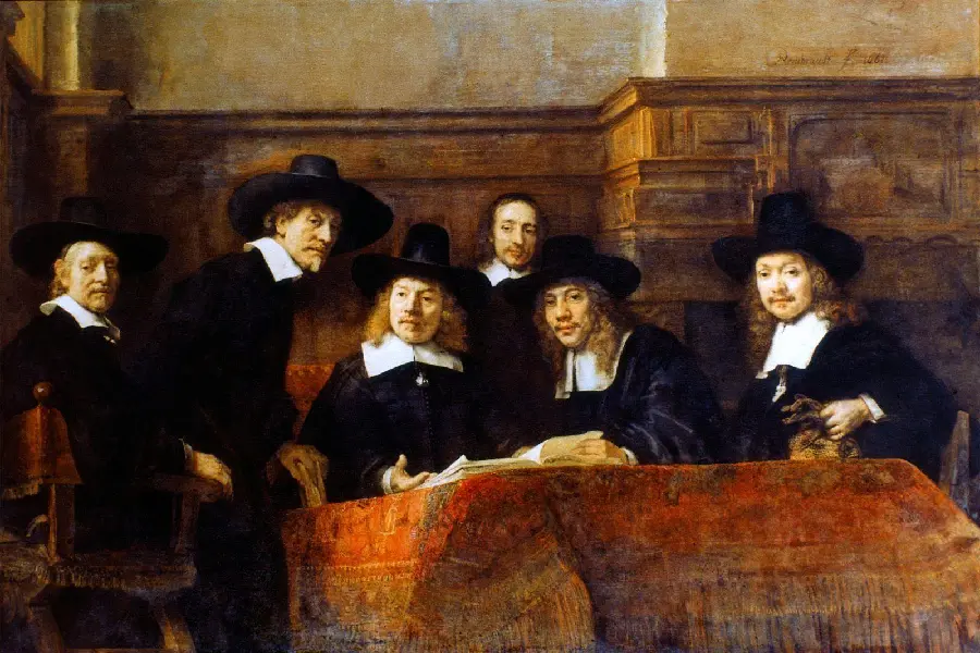 Background photo of Rembrandt's famous painting called The Heads of the Cloth Merchants Guild in 1663
