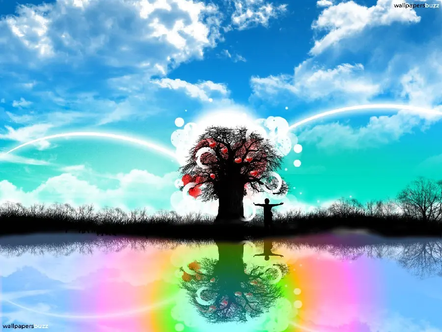 Happy and colorful fantasy graphic image of a lonely man next to a tree with a blue sky 