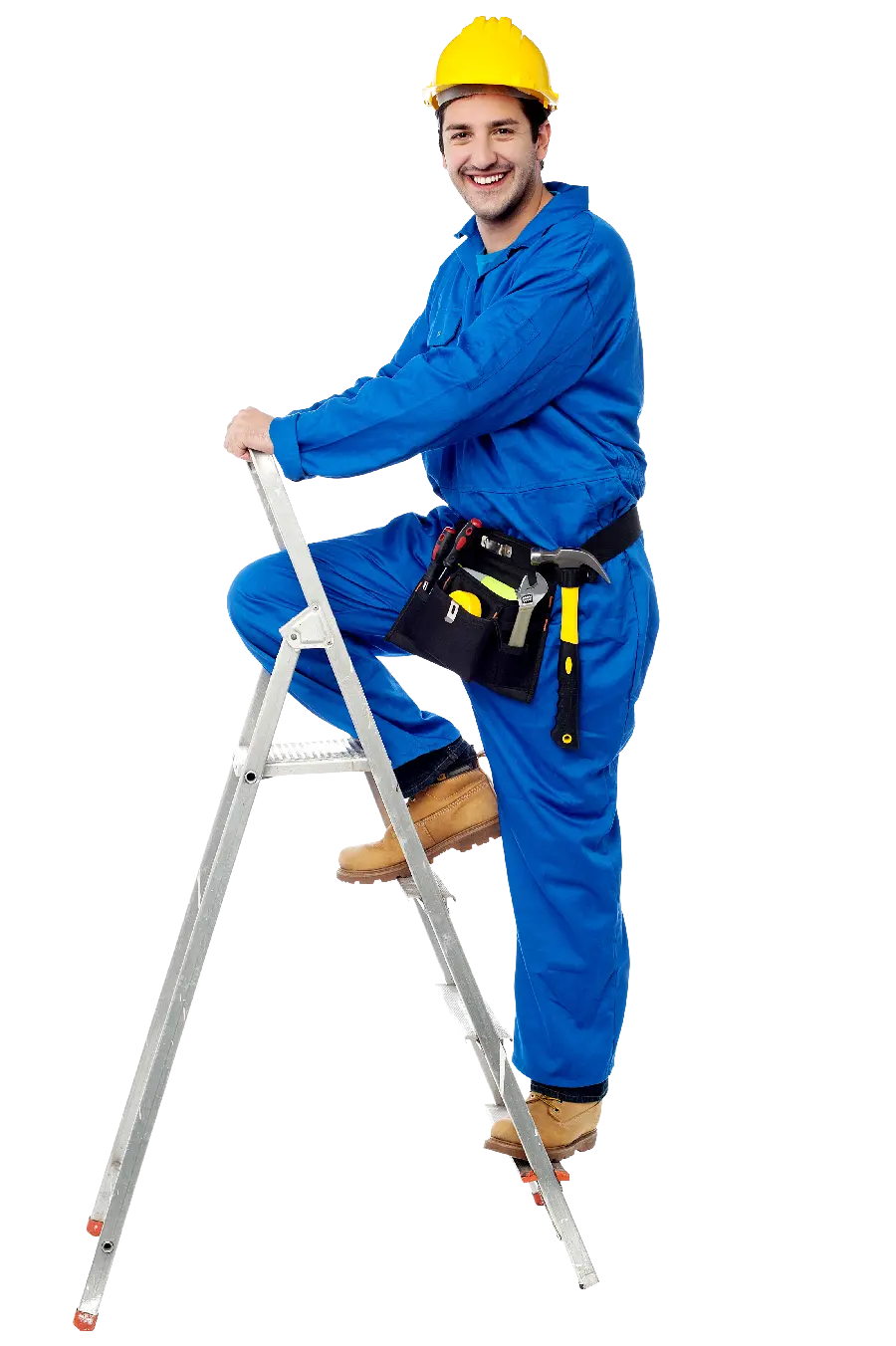 Photo of an electrical engineer with a blue work uniform and a yellow helmet PNG next to a wooden ladder