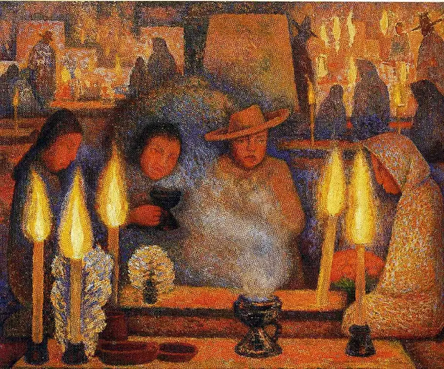 Photo of a strange painting by Diego Rivera called The Day of the Sacrifice of the Dead
