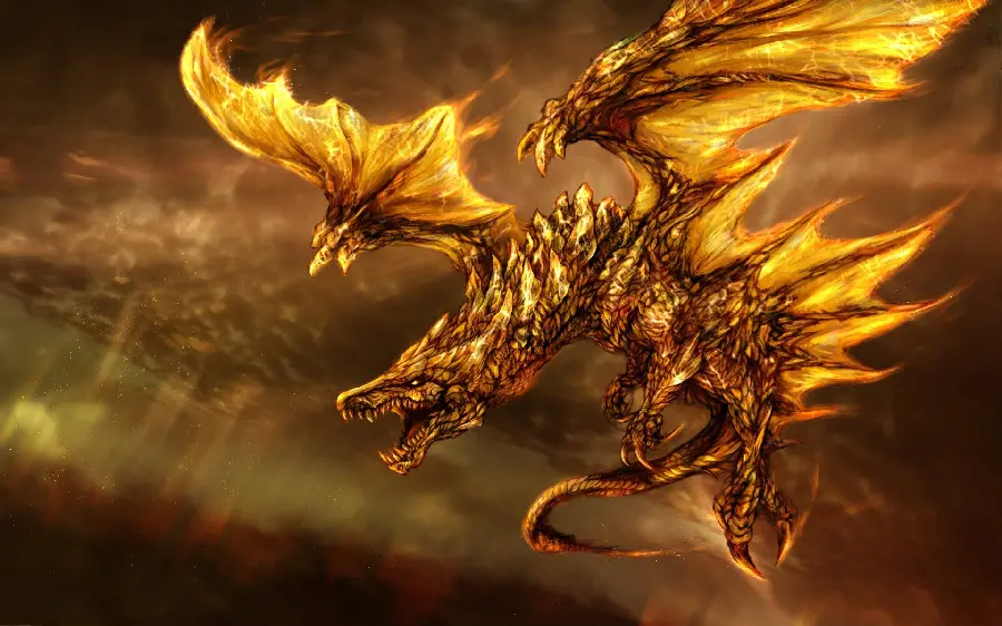 Photo of a bright golden fantasy dragon flying in the sky 