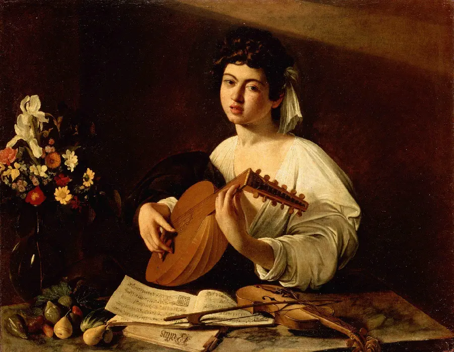 Photo of the painting of the lute player by Caravaggio, Wildenstein collection version 