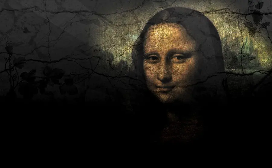 Close-up photo of the face of the Mona Lisa painting or the smile of the Gioconda 