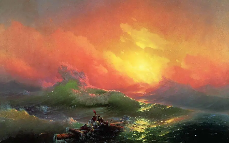 Renaissance painting of fishermen caught in the waves